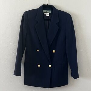 Stephanie Andrews Navy Wool Blazer Gold Crest Buttons Women's Size 4 Preppy VTG